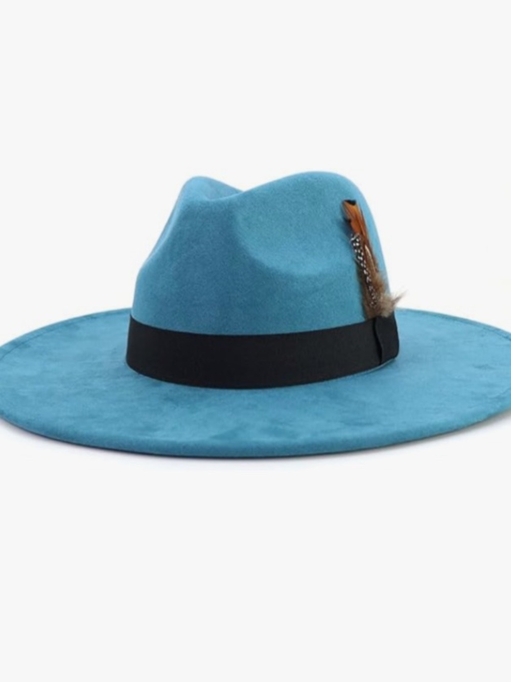 Wide-Brim Teal/Blue Felt Fedora with Black Band and Feather